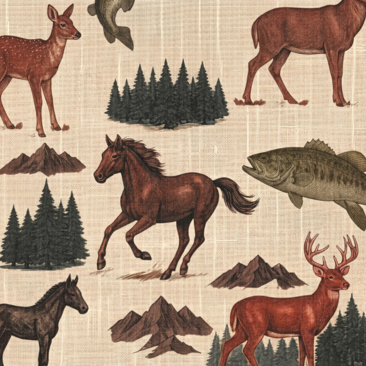 Rustic wallpaper with deer, horses, fish, and pine trees on faux linen background.