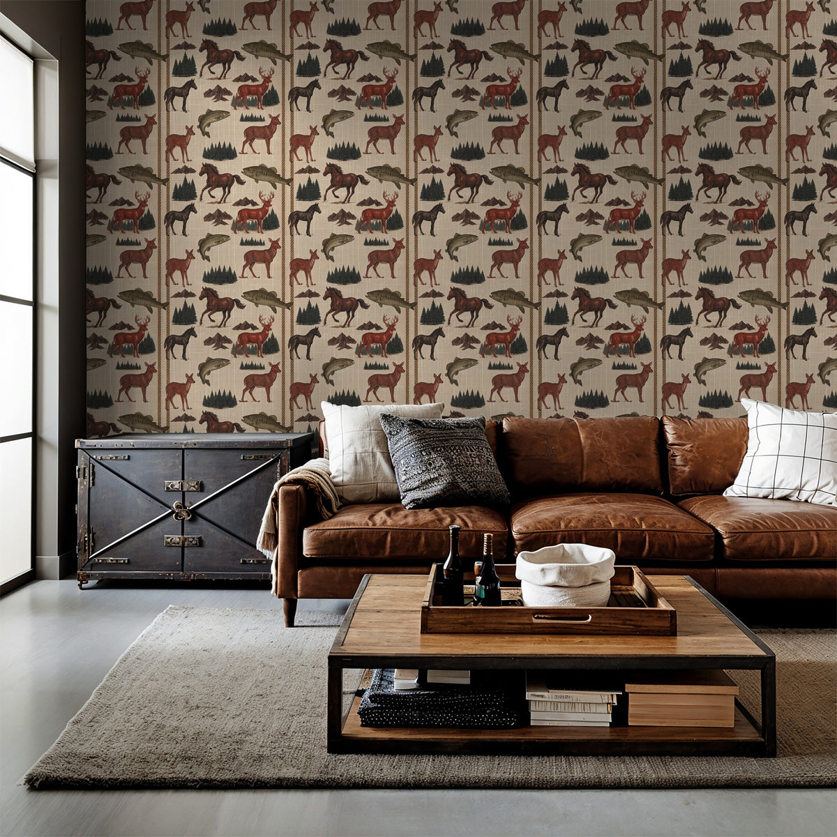 Rustic wallpaper with deer and horses in earthy tones in cozy living room.