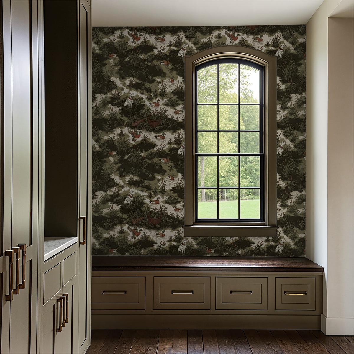 Rustic wallpaper with ducks and dog in olive tones in cozy nook.
