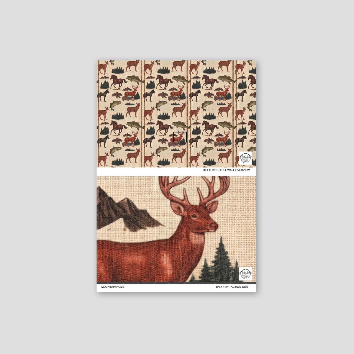 Rustic wildlife wallpaper with deer, horses, fish in earthy tones on faux linen texture.