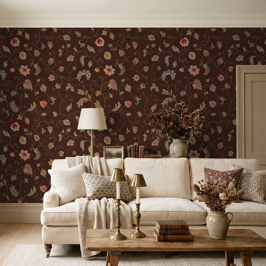 Sable Vine chocolate brown floral wallpaper in cozy living room with cream sofa.