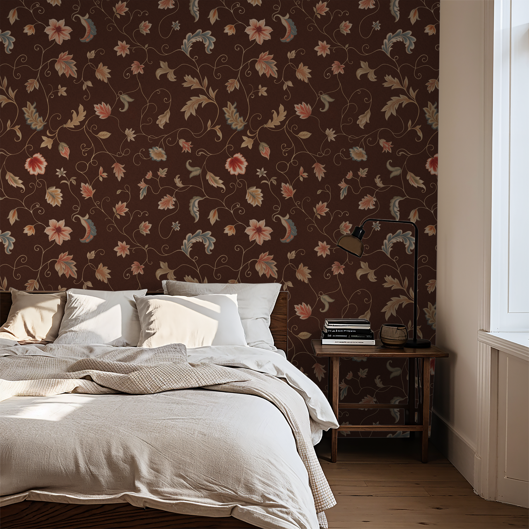 Sable Vine wallpaper with floral motifs in a cozy bedroom setting