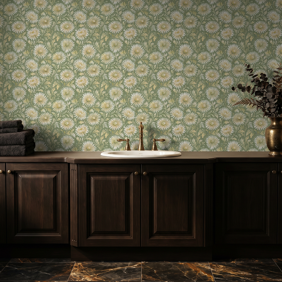 Sage green floral wallpaper with white daisies in elegant bathroom setting.