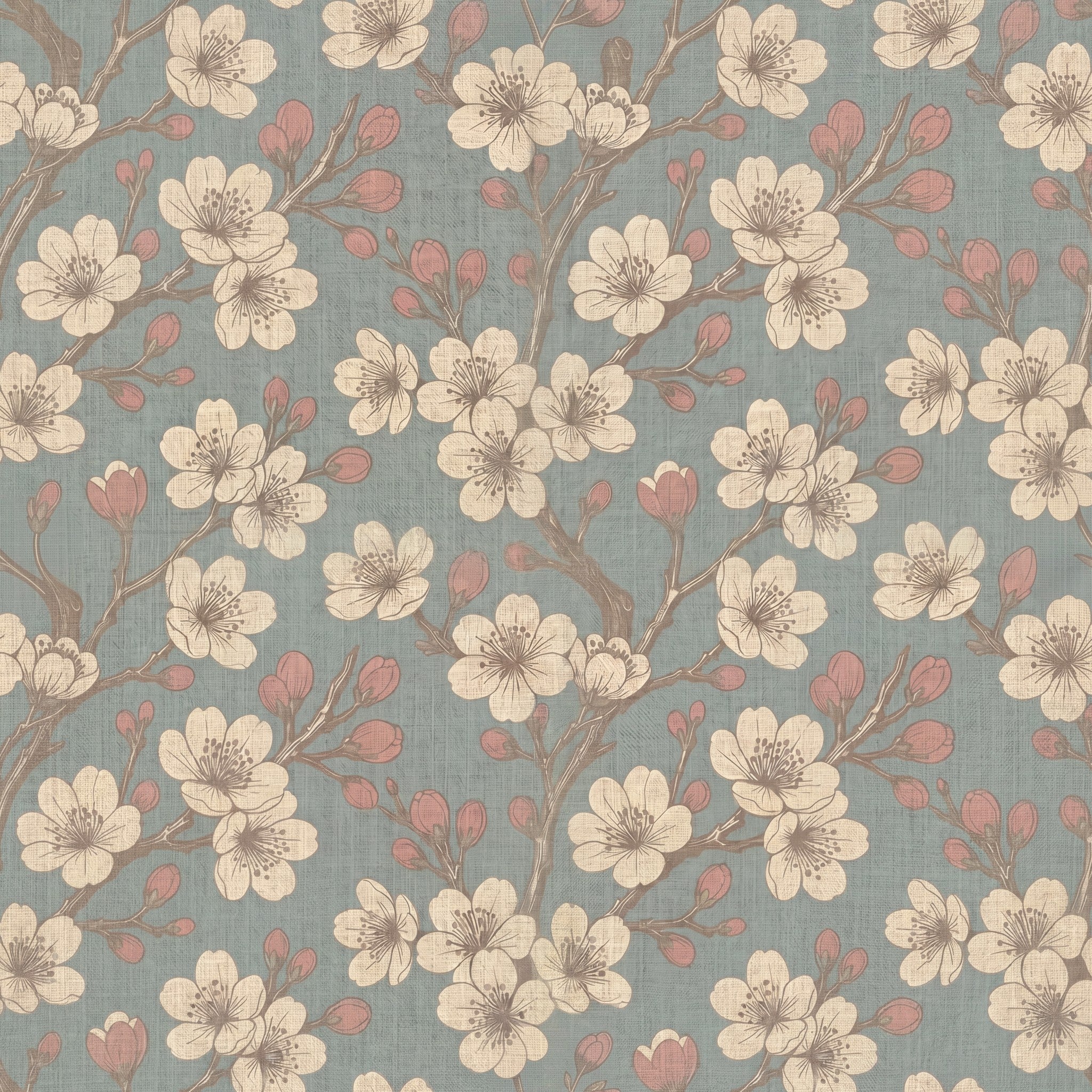 Sakura floral wallpaper with delicate branches on a soft blue background.