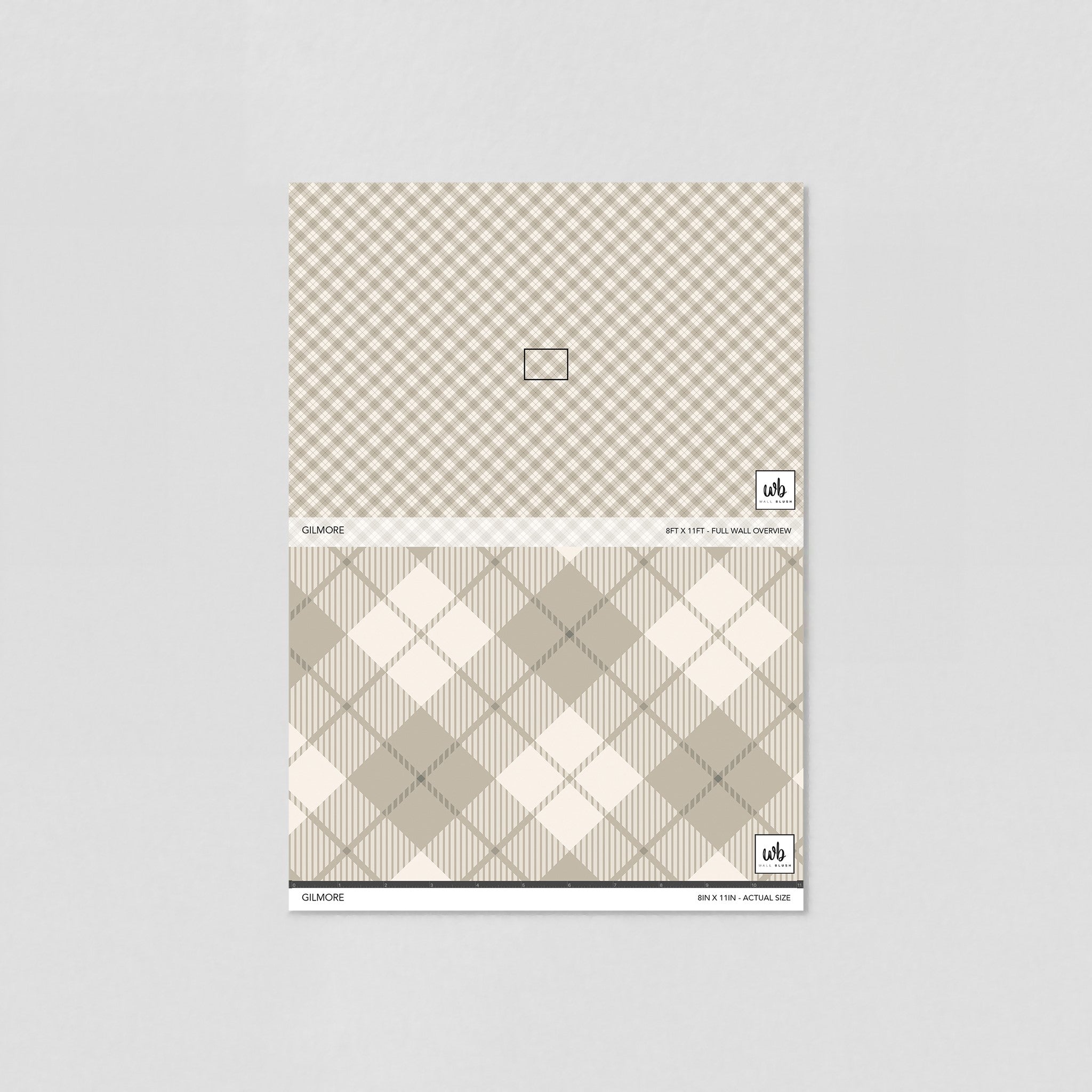 "Wall Blush's Gilmore Wallpaper sample showcasing pattern design for modern living room decor focus."