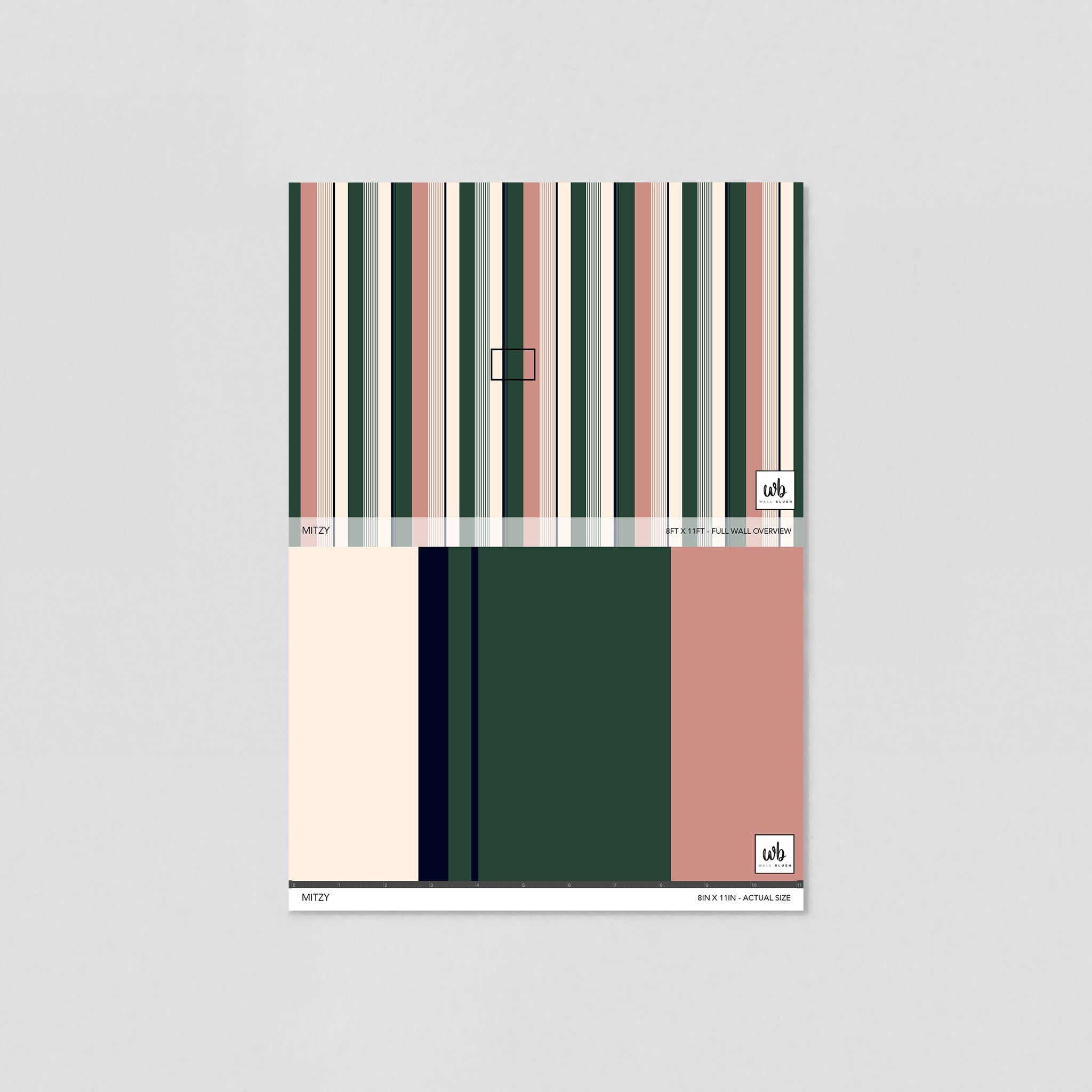 "Wall Blush Mitzy Wallpaper design sample in a modern living room setting, focusing on the wall's vibrant, striped pattern."