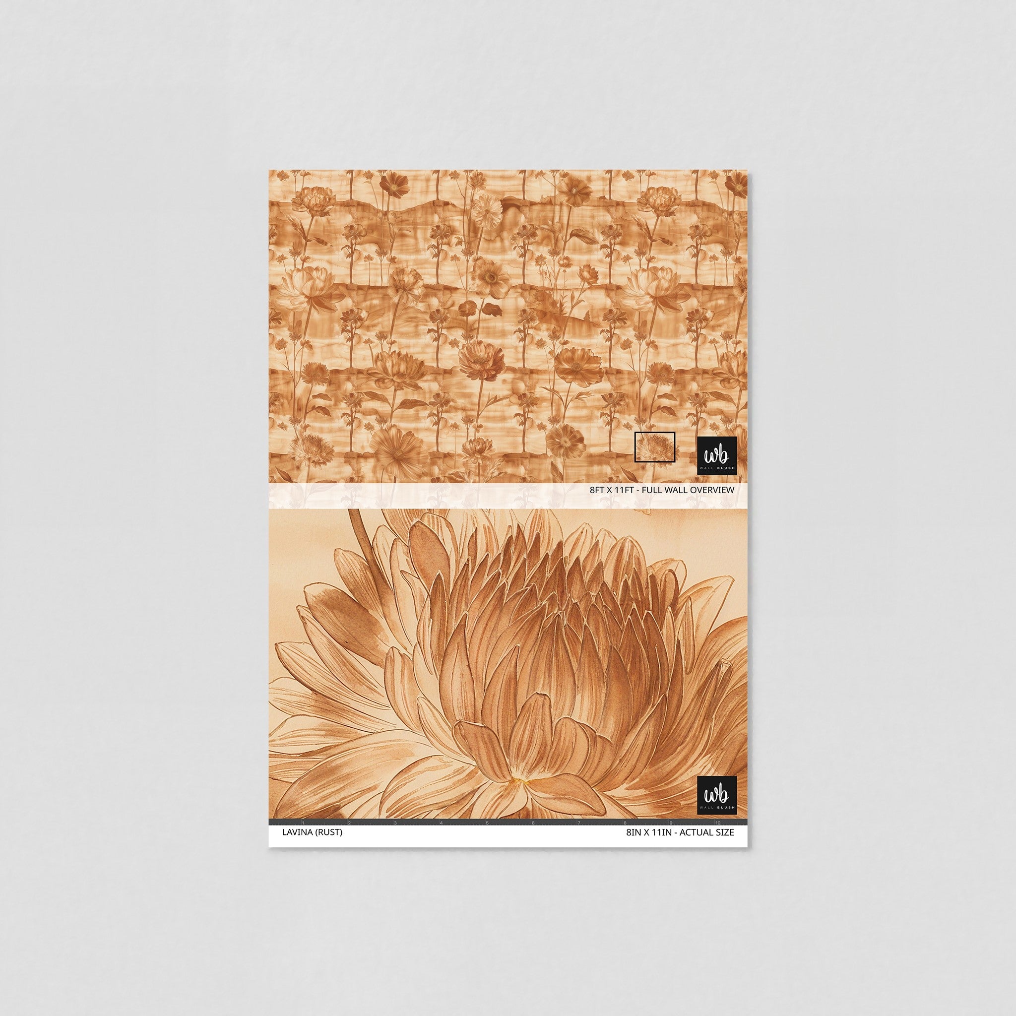 Wall Blush's Lavina (Rust) Wallpaper sample displayed, ideal for enhancing living room decor.