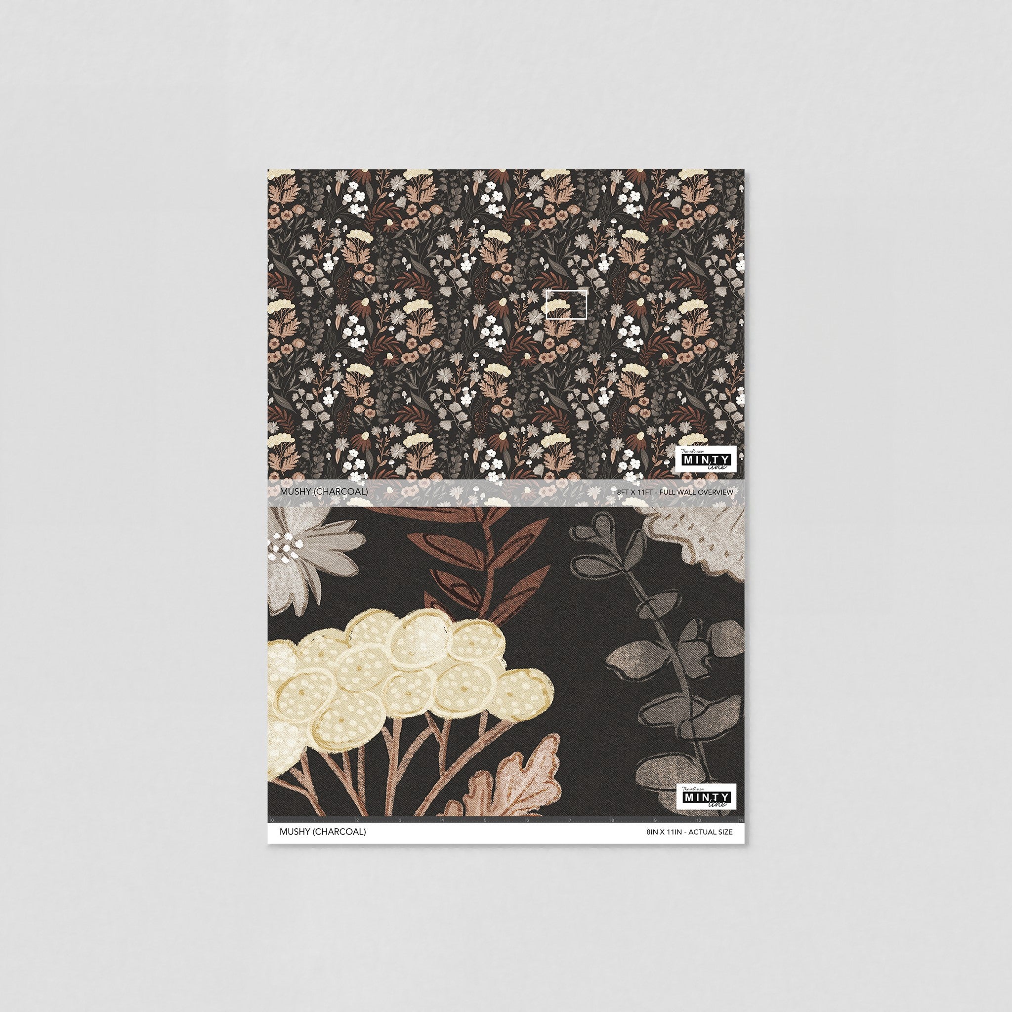 "Wall Blush's Mushy (Charcoal) Wallpaper sample, showcasing elegant floral design for stylish living room decor focus."