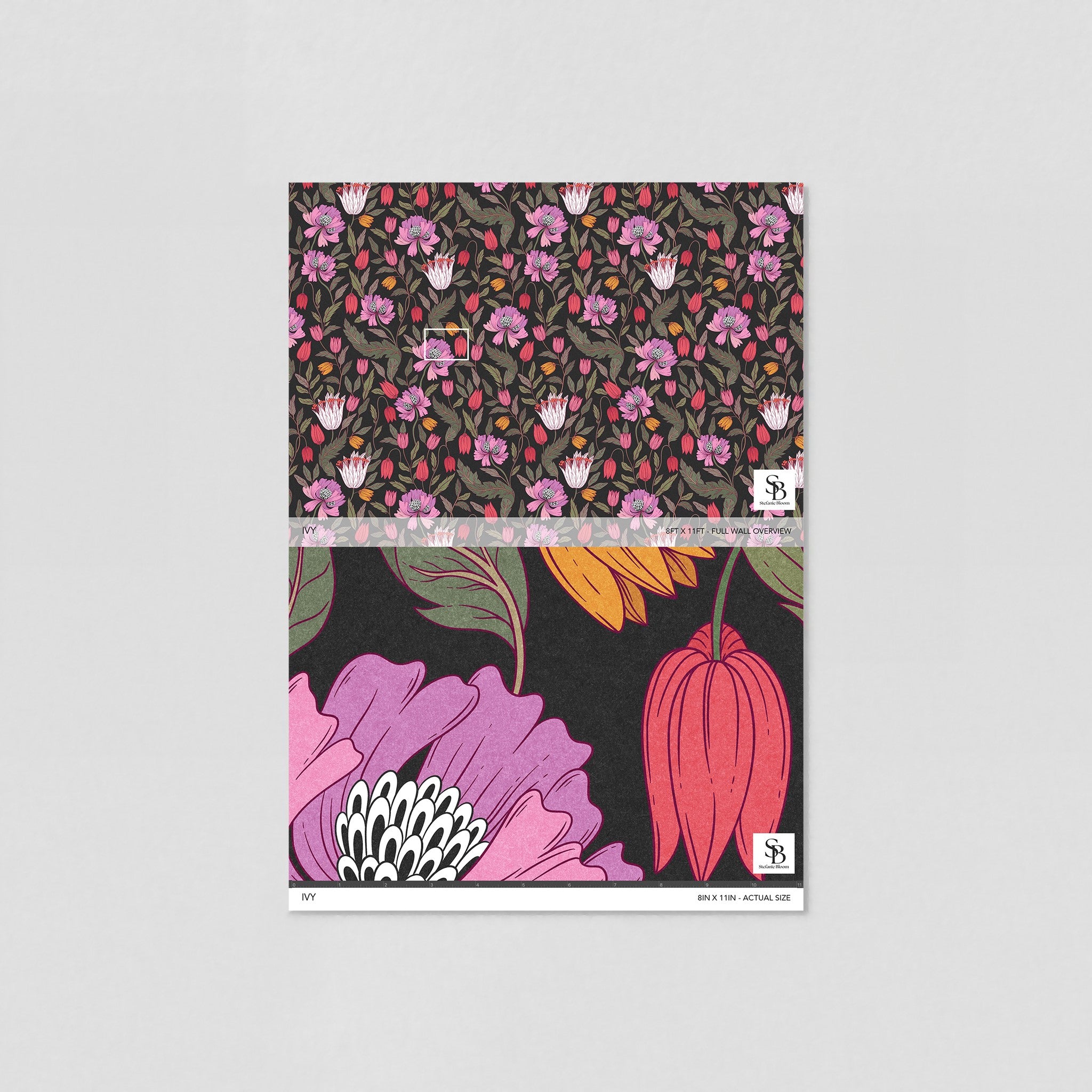 "Ivy Wallpaper sample by Wall Blush with floral pattern for modern room decor focus."