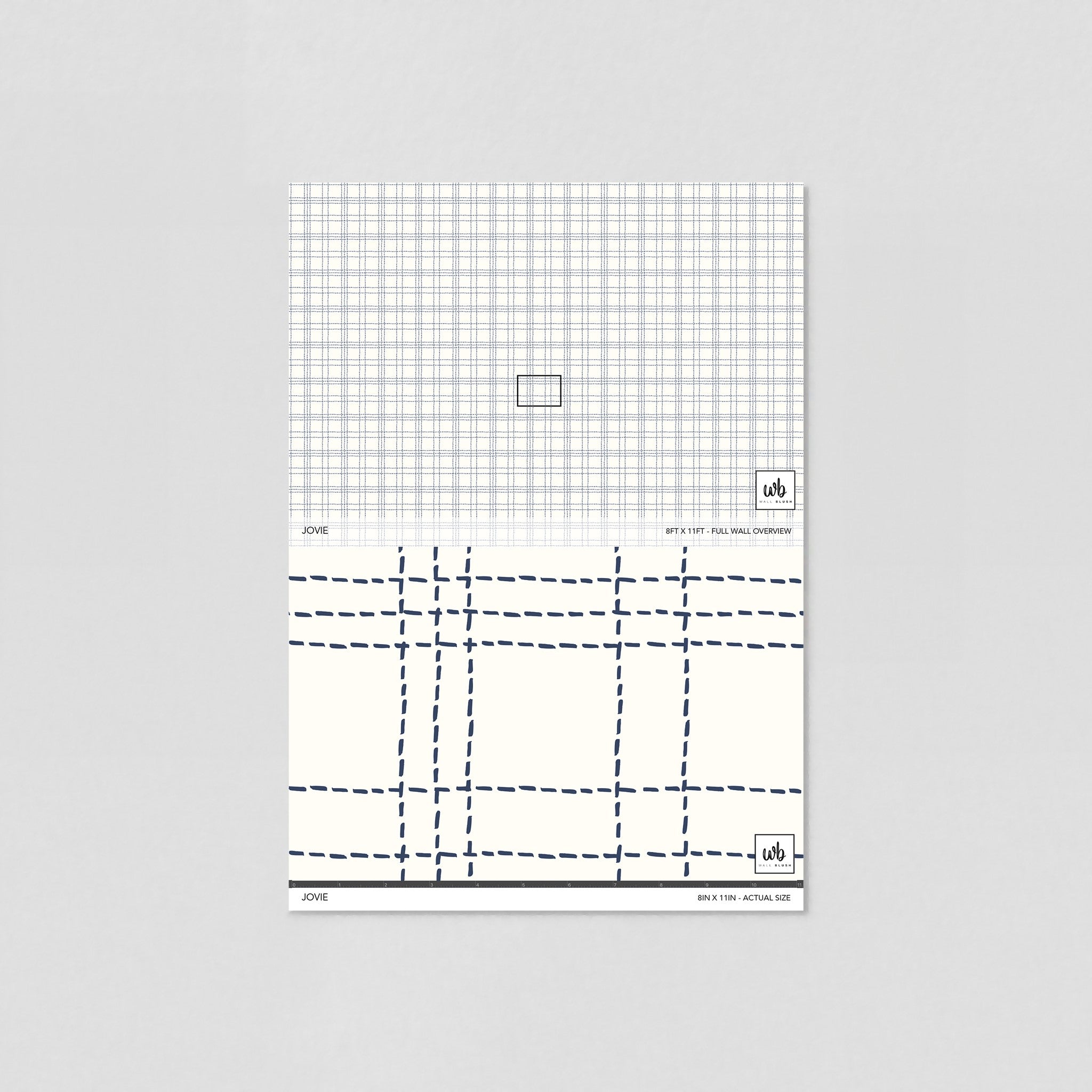 Alt text: "Wall Blush's Jovie Wallpaper sample with grid design presented on a flat surface, focusing on the decor aspect for interior spaces."

(Note: The image provided is a flat sample, not shown in an actual room; however, the alt text highlights the product and its potential application in interior decor.)