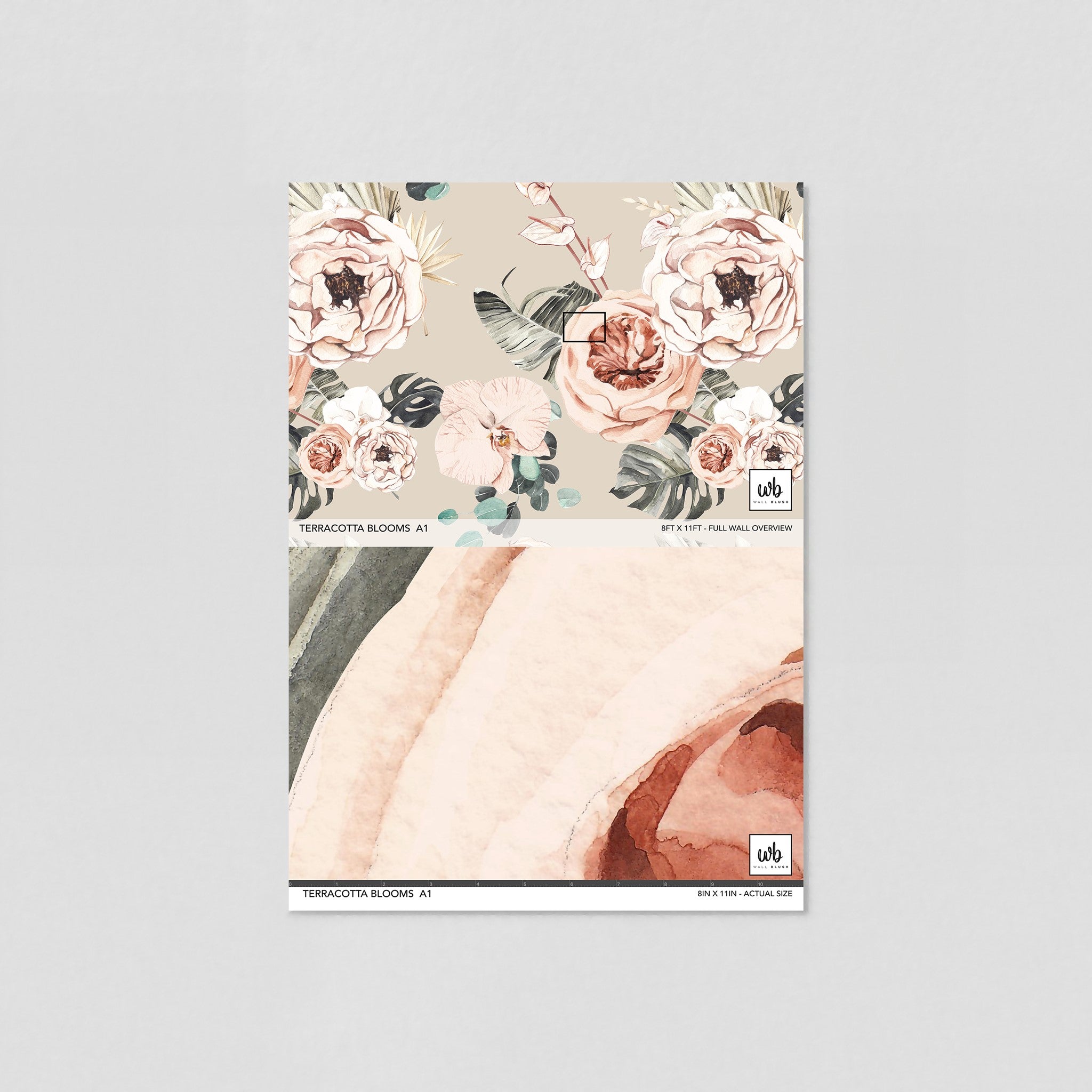 "Wall Blush's Terracotta Blooms Wallpaper in a stylish bedroom, showcasing the floral design as the focal point."