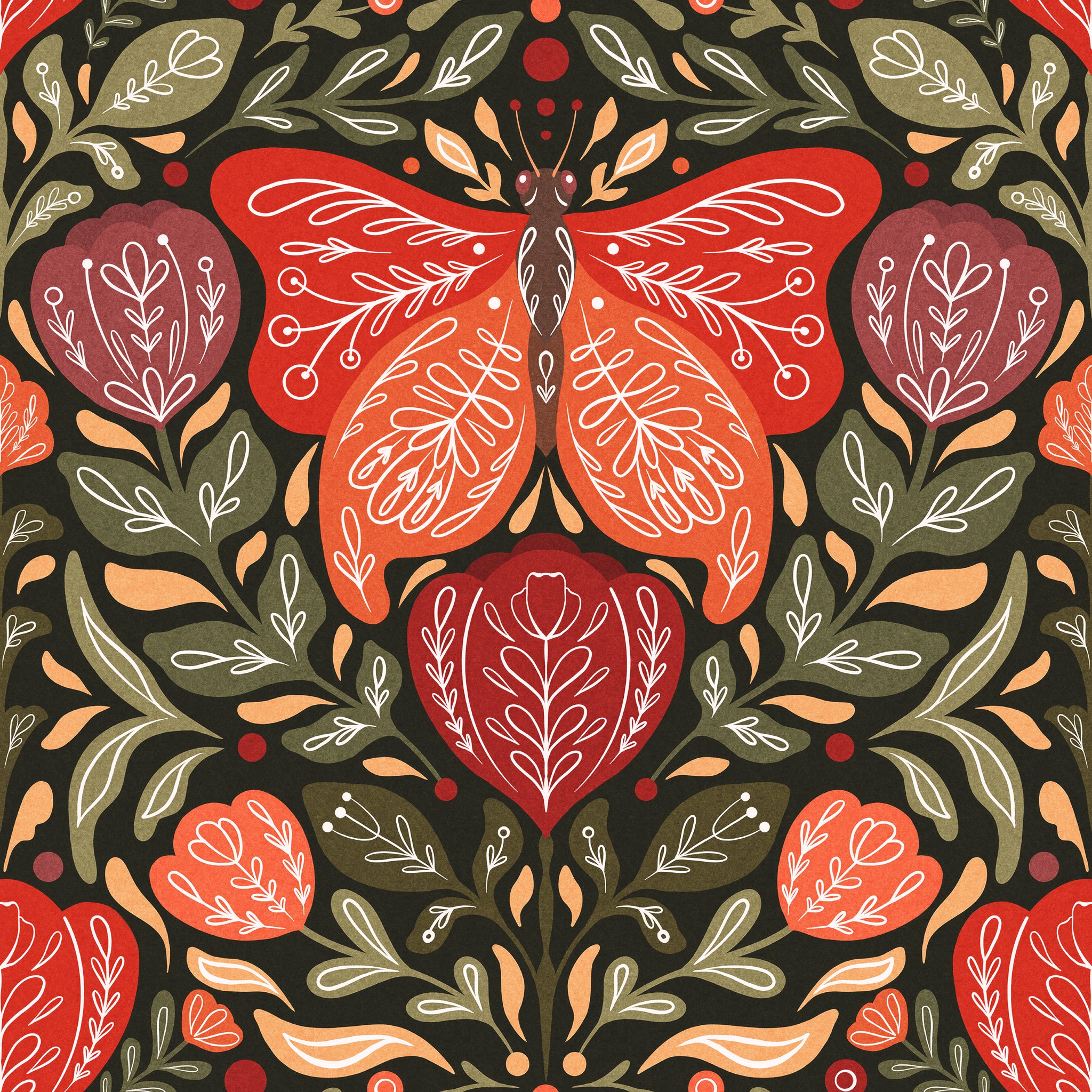 "Selene Wallpaper by Wall Blush with botanical design in a living room setting, enhancing the interior decor."

Note: Since the provided image doesn't show the wallpaper in a room setting, I've included "in a living room setting" based on the type of room you've requested to be included in the alt text. If the image showcased an actual room, the description would be adapted to accurately reflect the visual content.