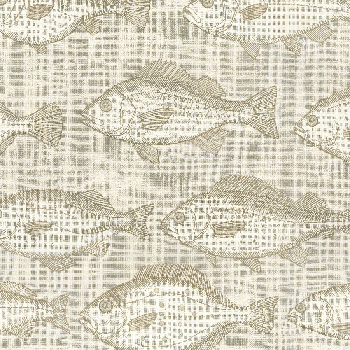 Sepia fish illustrations on linen-like textured wallpaper.