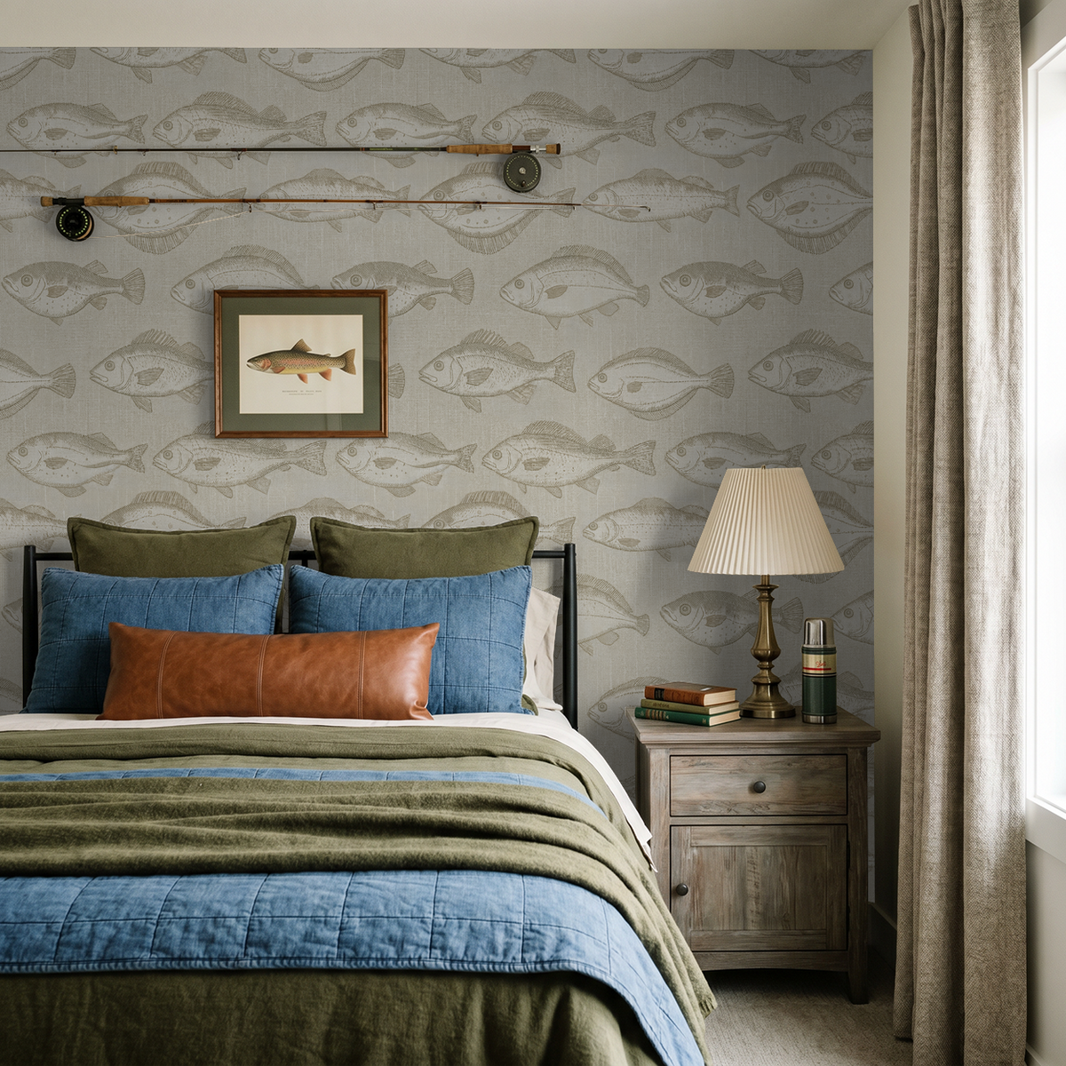Bedroom with sepia fish pattern wallpaper and rustic decor.