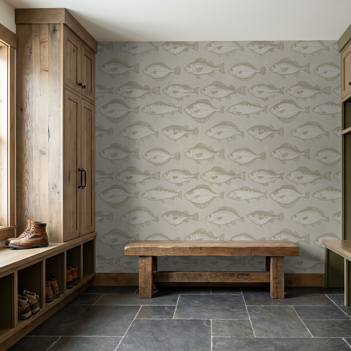 Sepia fish pattern wallpaper in rustic mudroom with wooden bench and storage.