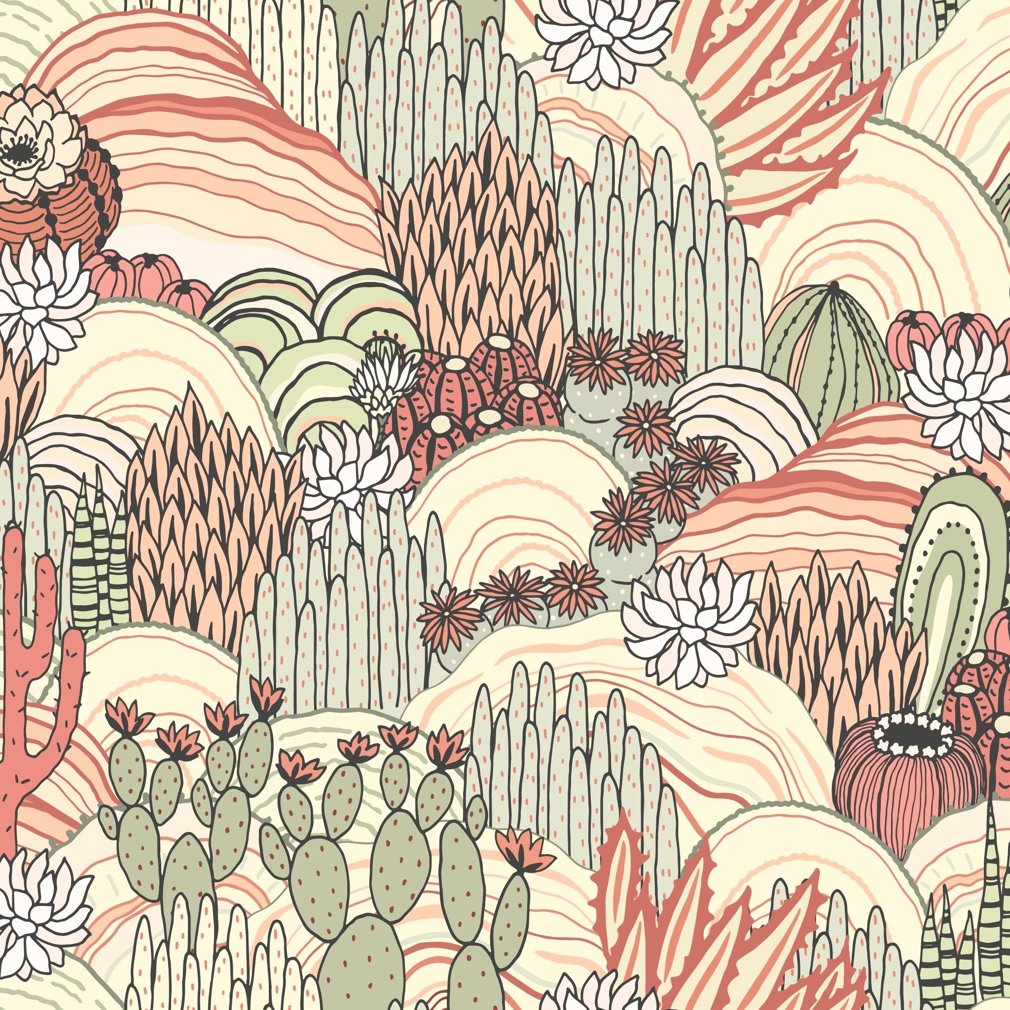 "Sage and Tango Wallpaper by Wall Blush showcasing desert flora in a stylish living room setting."