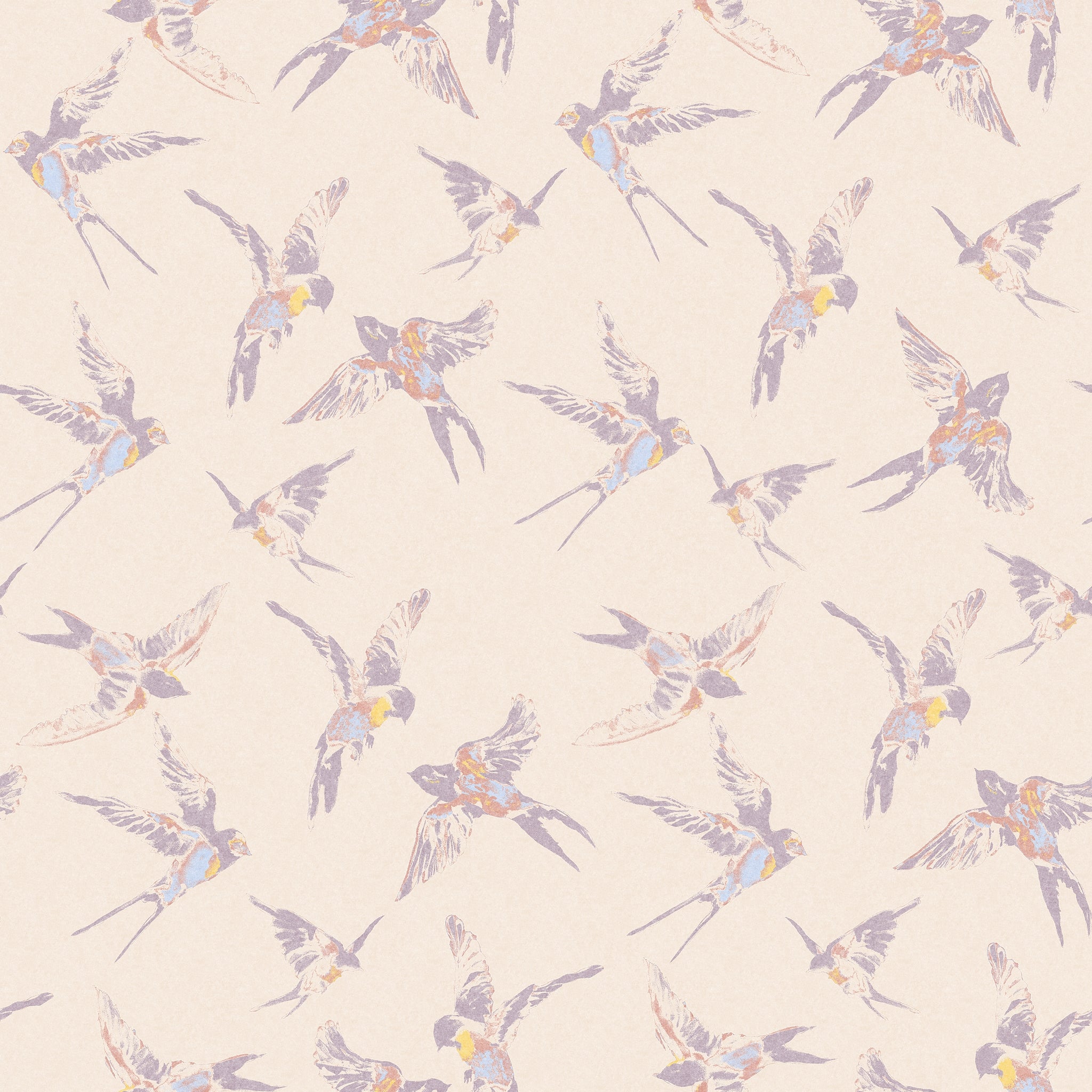 "Wall Blush's The Cheery Wallpaper featuring elegant birds in a bedroom setting, soft hues with a serene vibe."