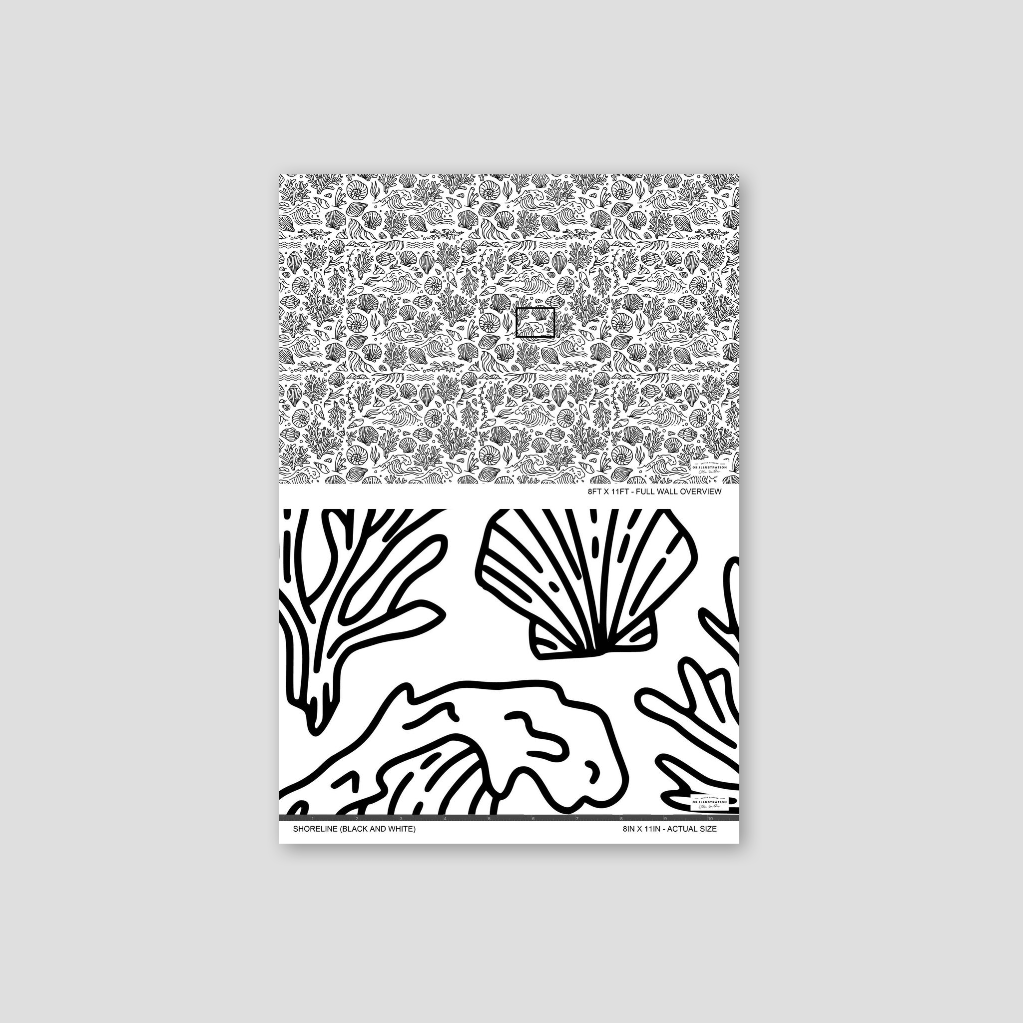Black and white marine motif wallpaper with shells and coral pattern.