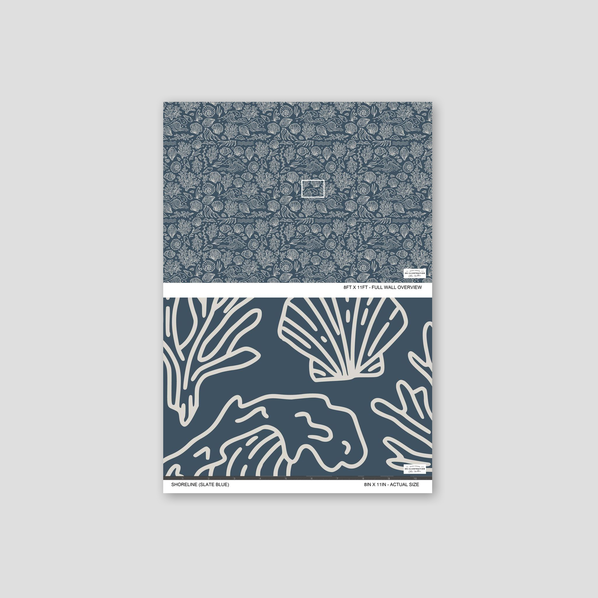 Slate blue wallpaper with white shell and coral patterns, coastal theme.