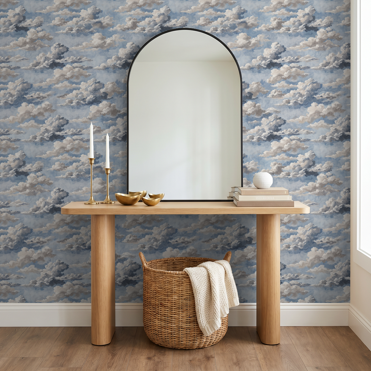 Skyphoria cloud wallpaper with soft blues and grays in modern entryway with mirror and table.