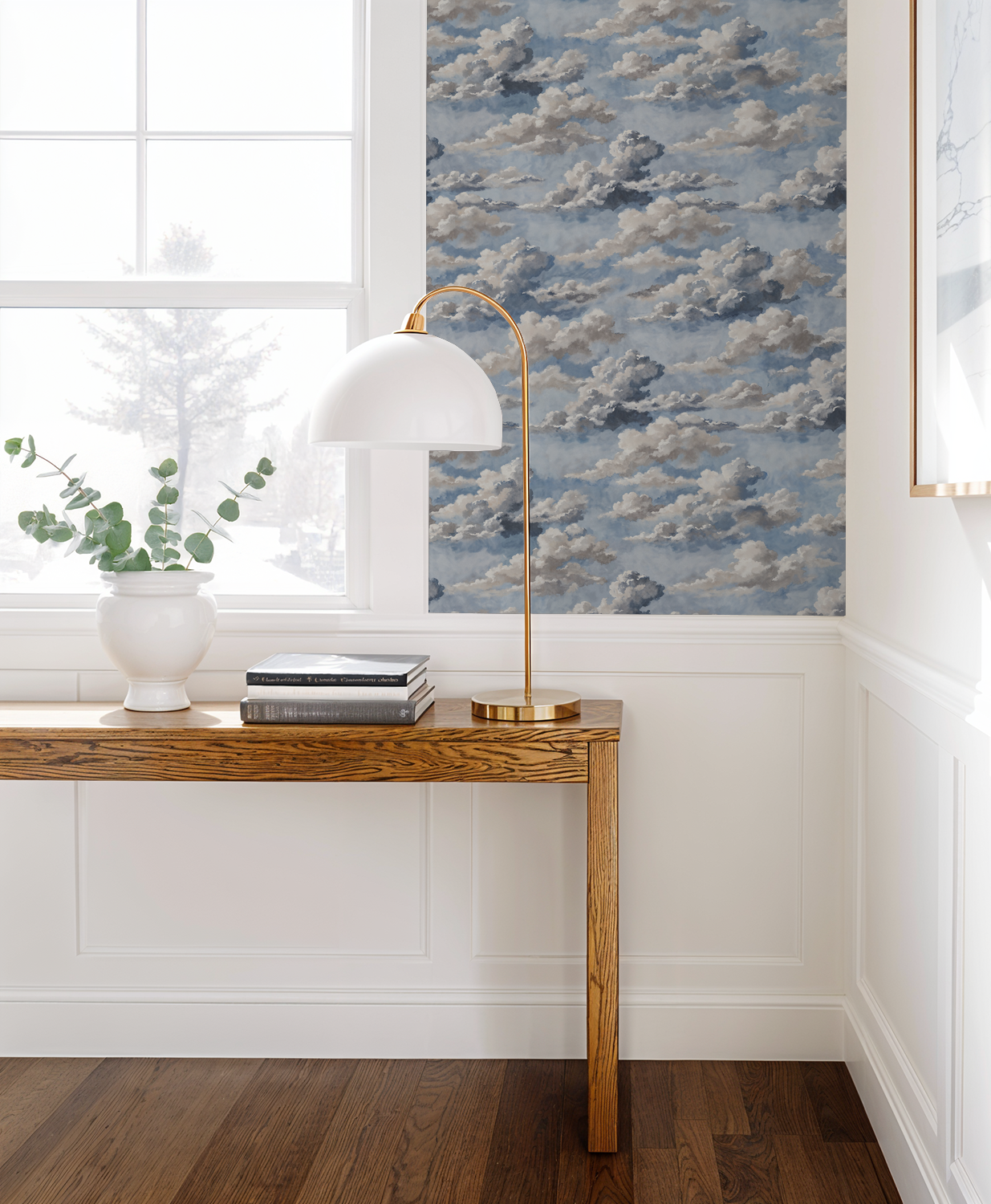 Skyphoria cloud wallpaper with soft blues and grays in a serene room setting.