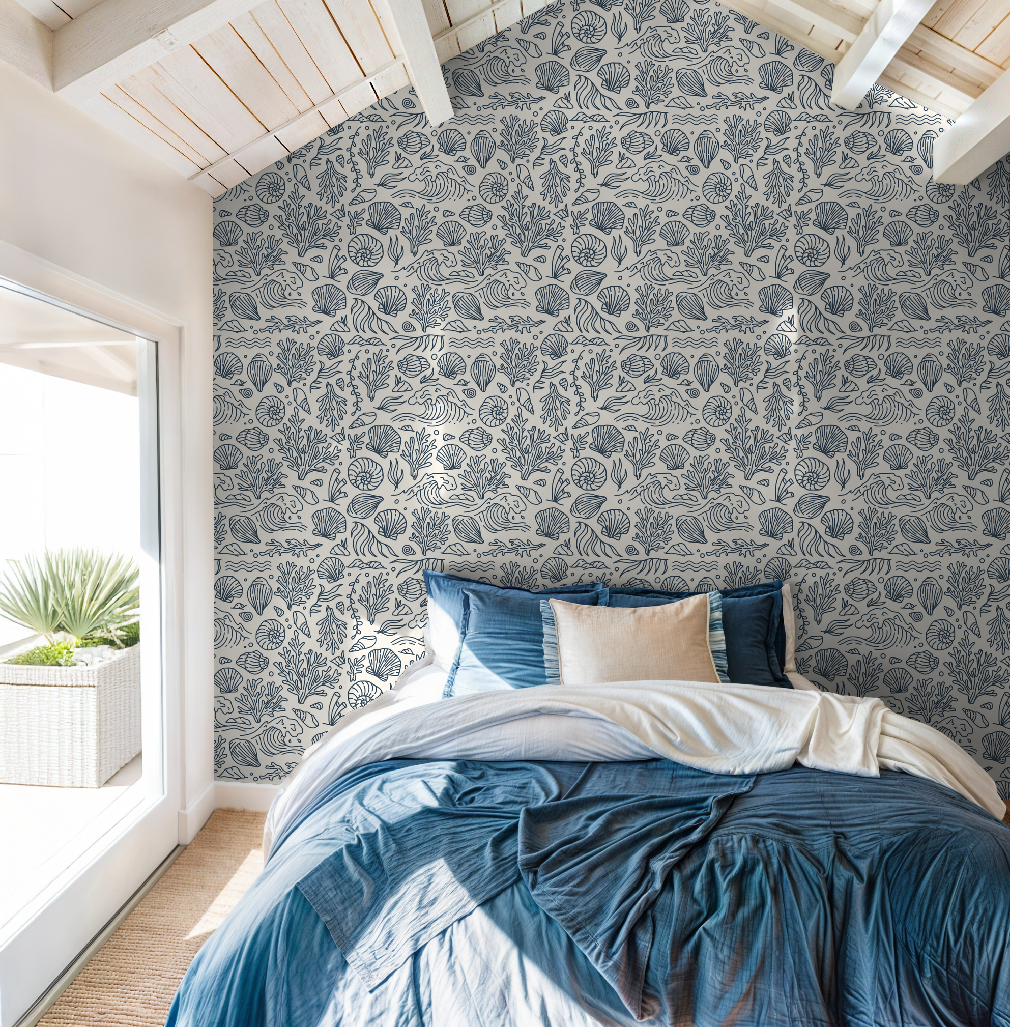 Slate blue coastal motif wallpaper in serene bedroom with blue bedding.