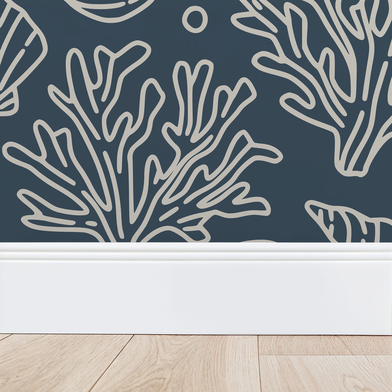 Slate blue wallpaper with white coral and shell patterns, coastal theme.