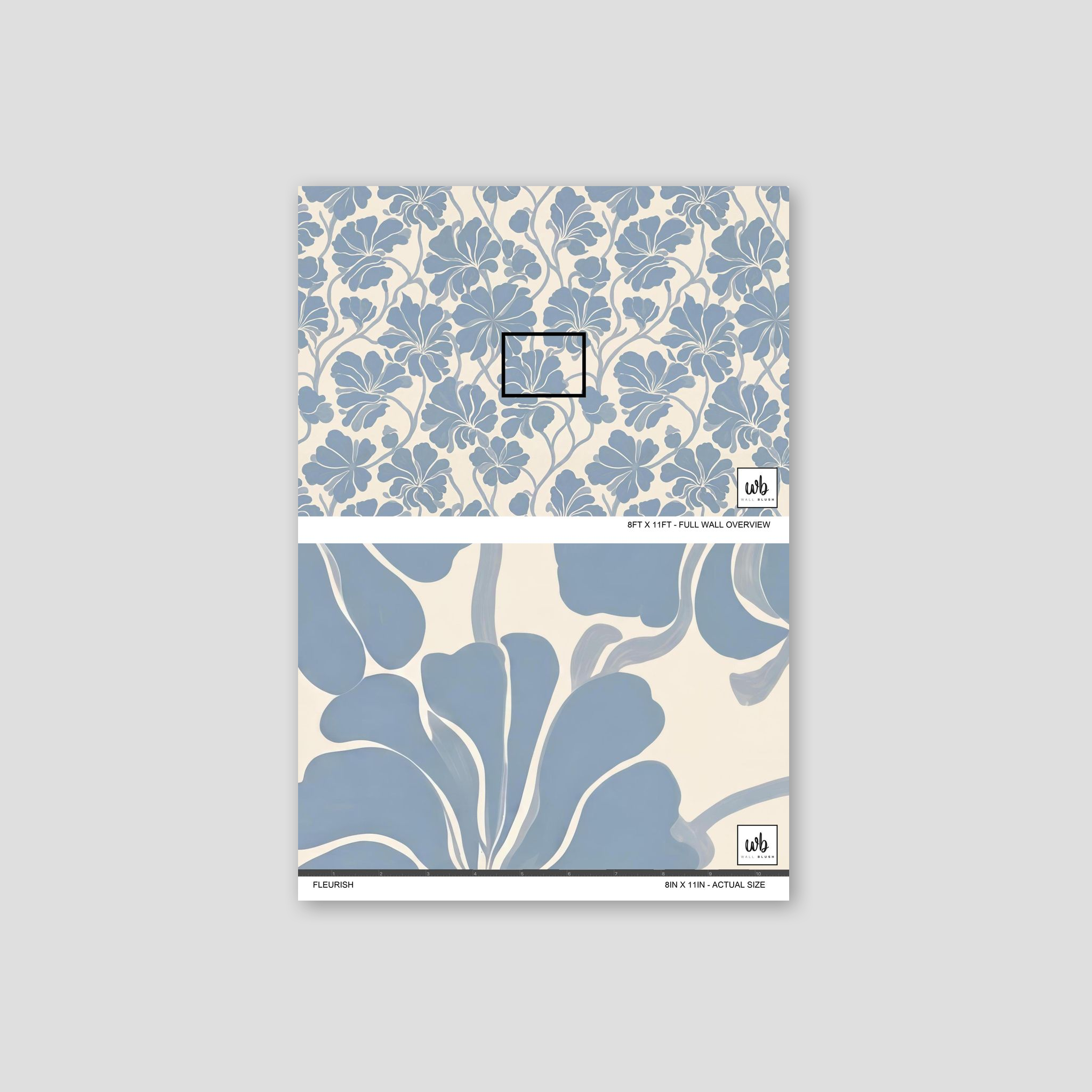 Soft blue floral wallpaper with delicate vines on a cream background.