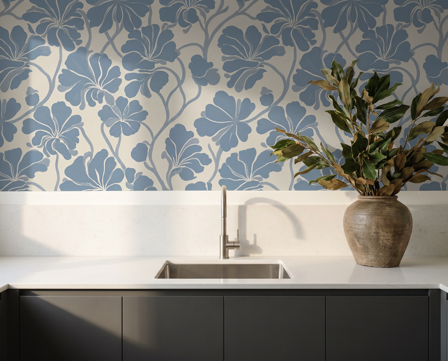 Soft blue floral wallpaper with vines in modern kitchen setting