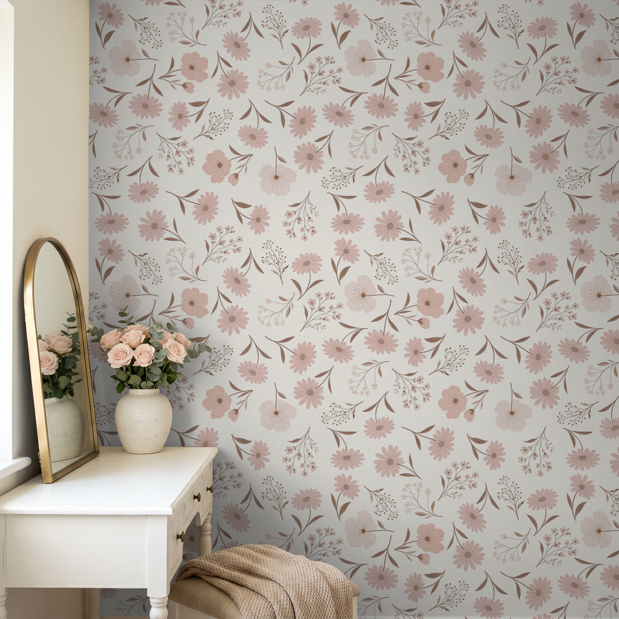 Soft floral blush wallpaper in elegant room with mirror and vase of roses.
