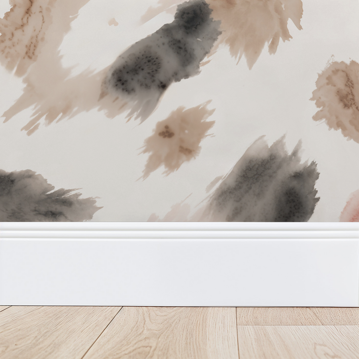 Soft Spot wallpaper with muted browns, blushes, and charcoals in abstract cheetah pattern above baseboard.