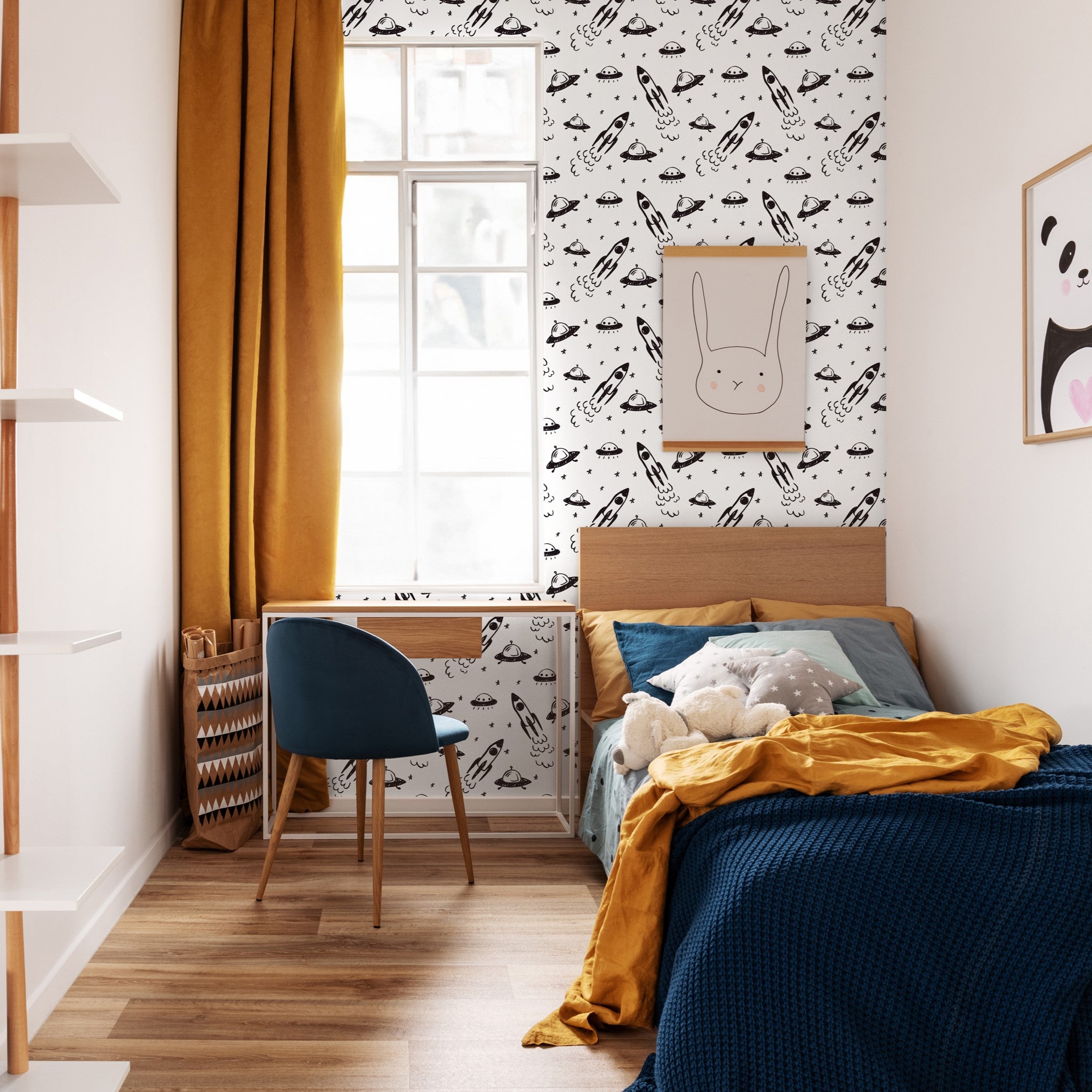 "Wall Blush Cosmo Wallpaper in stylish modern children's bedroom, with vibrant accent decor and cozy bedding."