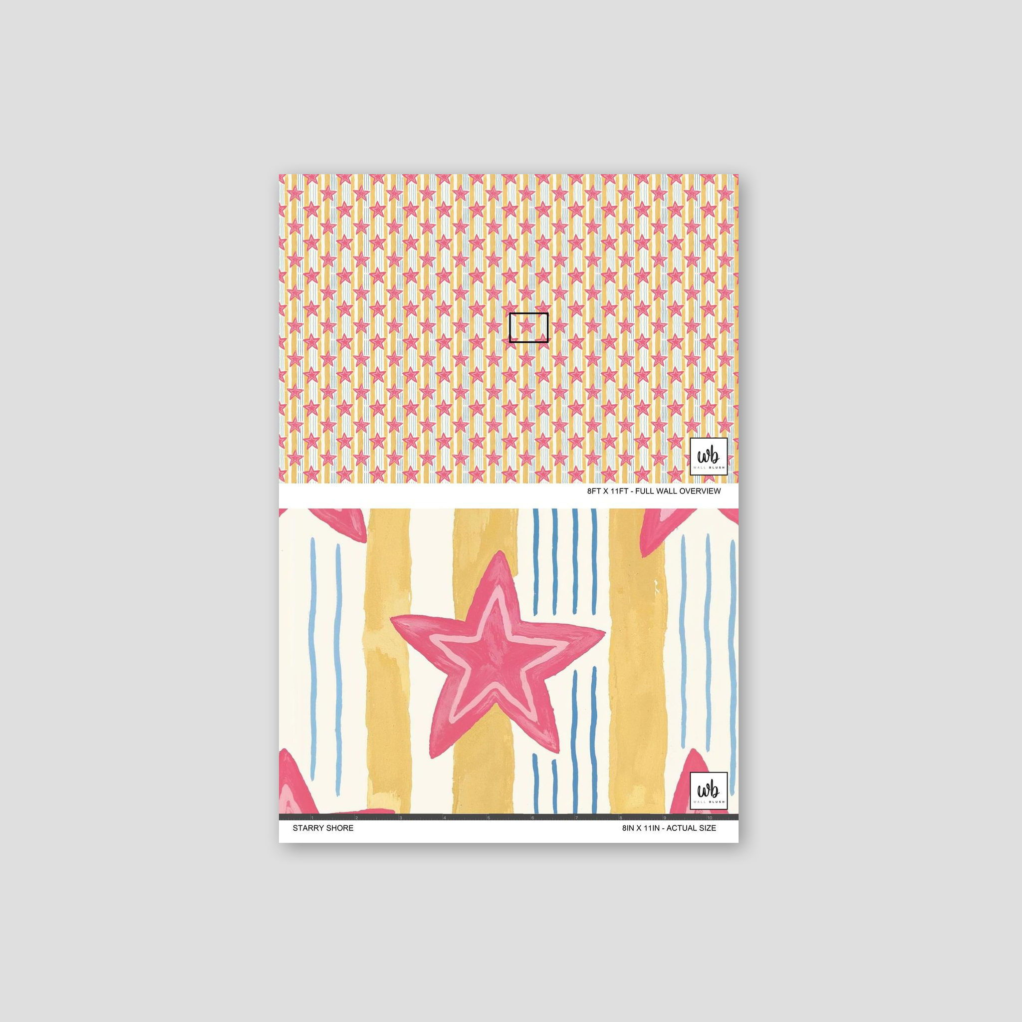 Starry Shore wallpaper with pink stars, yellow and blue stripes, playful design.