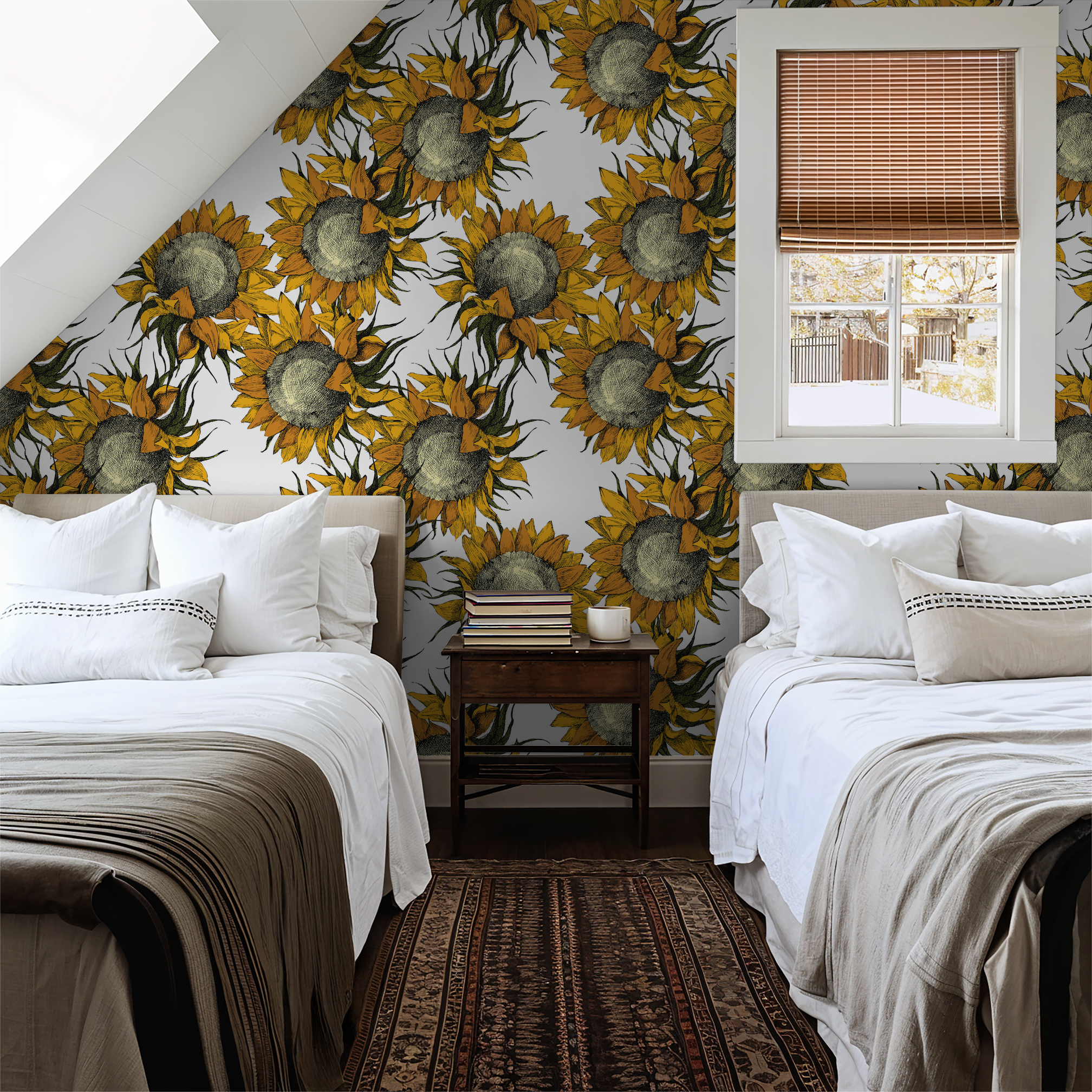 Sunflower wallpaper in cozy bedroom with twin beds and rustic decor.