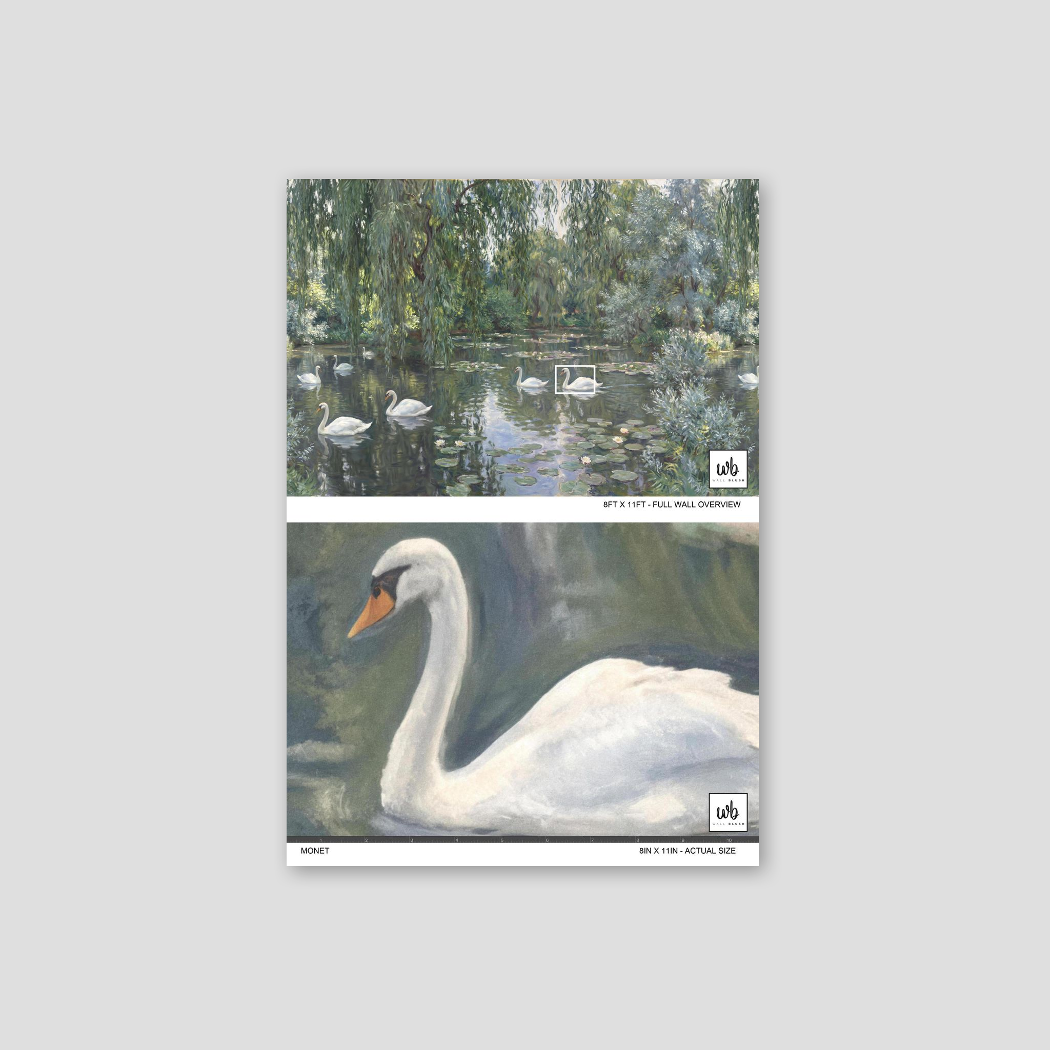Swan wallpaper with serene pond and lush greenery in nature-inspired design.