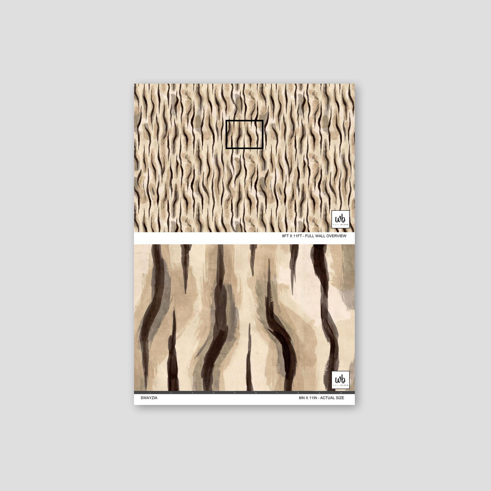 Swayzia wallpaper with abstract wavy taupe and charcoal pattern sample.