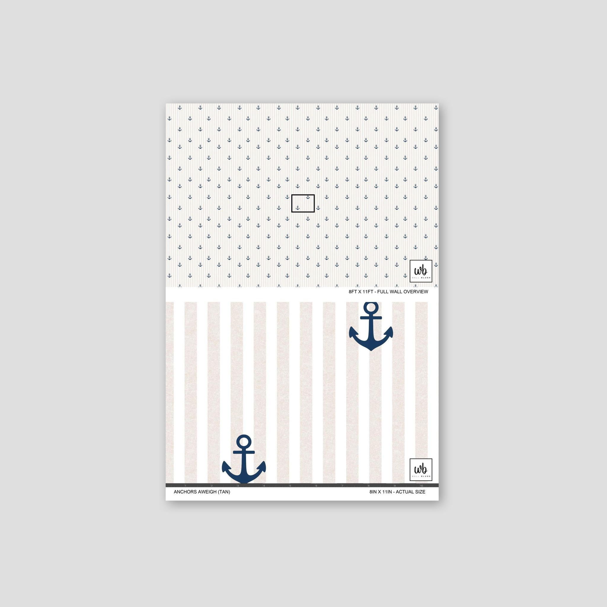 Tan and white striped wallpaper with navy anchors, nautical theme.