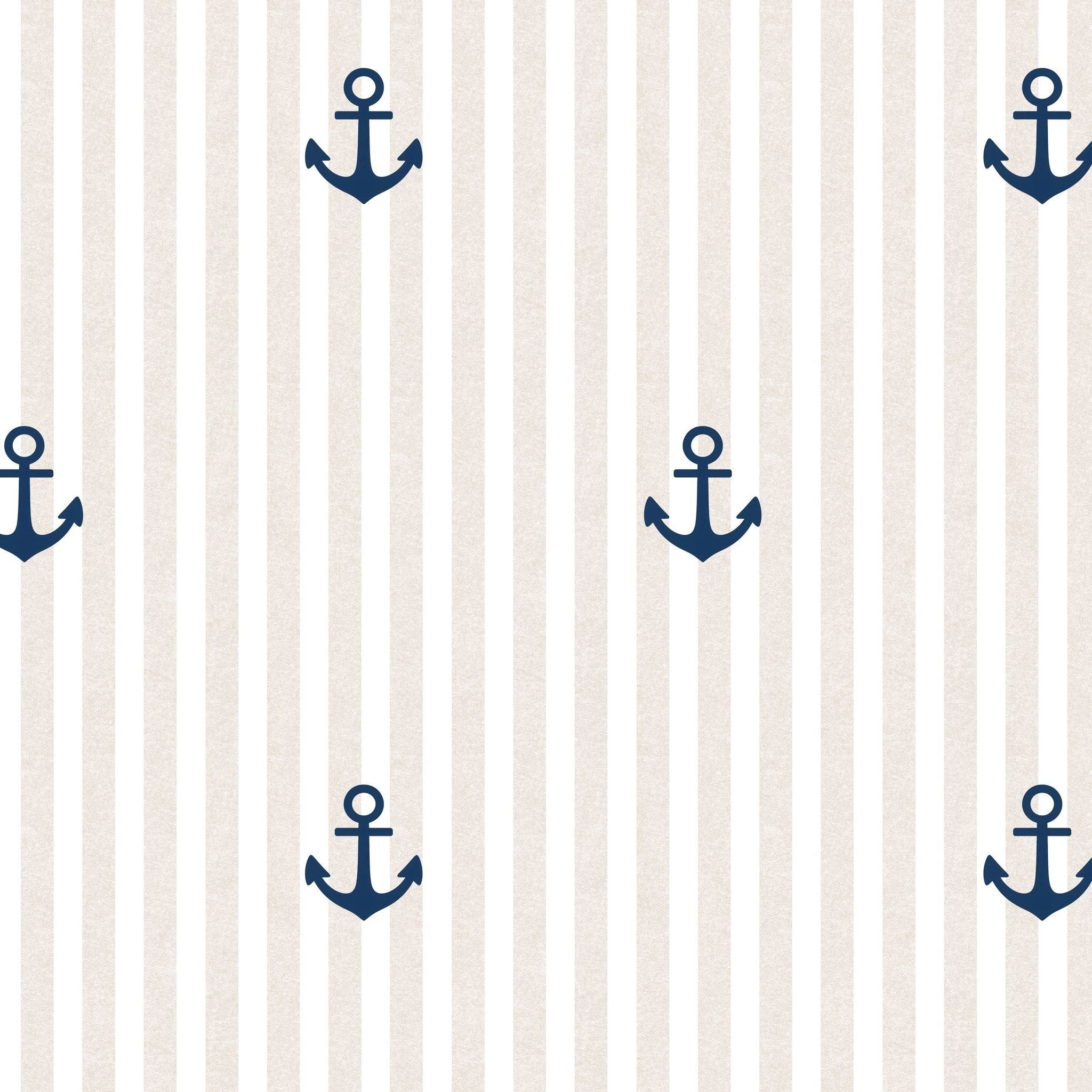 Tan and white striped wallpaper with navy anchors in nautical theme.