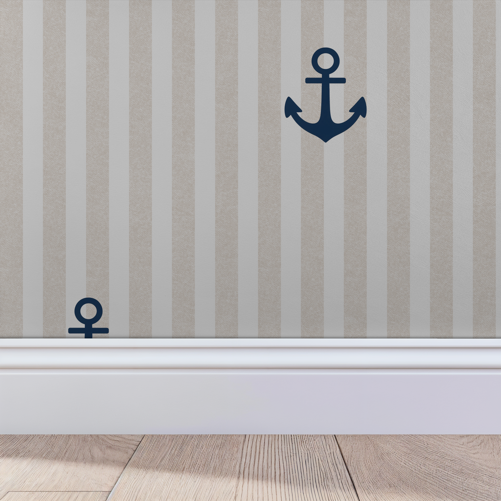 Tan and white striped wallpaper with navy anchors in a nautical theme.