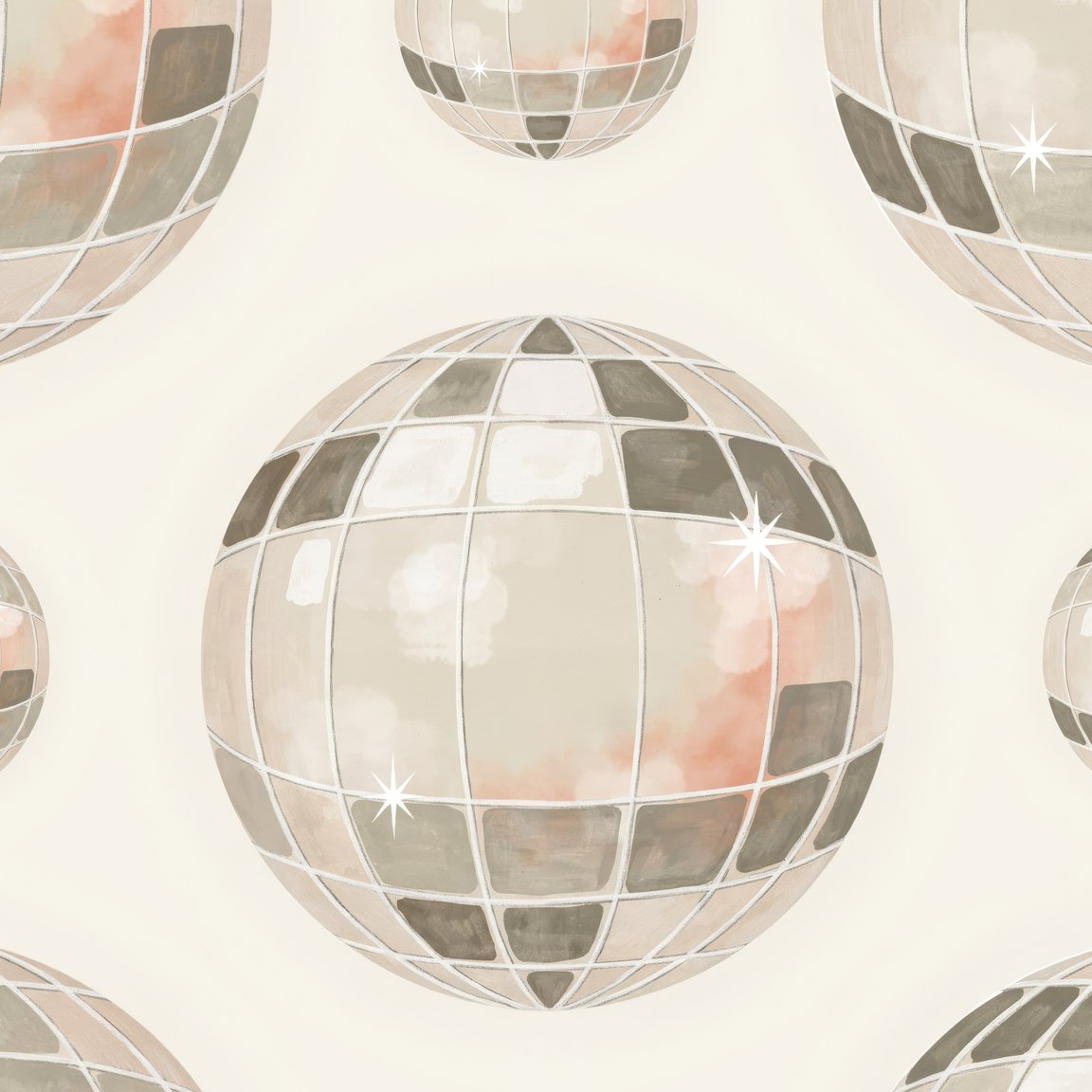 Abstract taupe and blush mirrored globe wallpaper with geometric pattern.