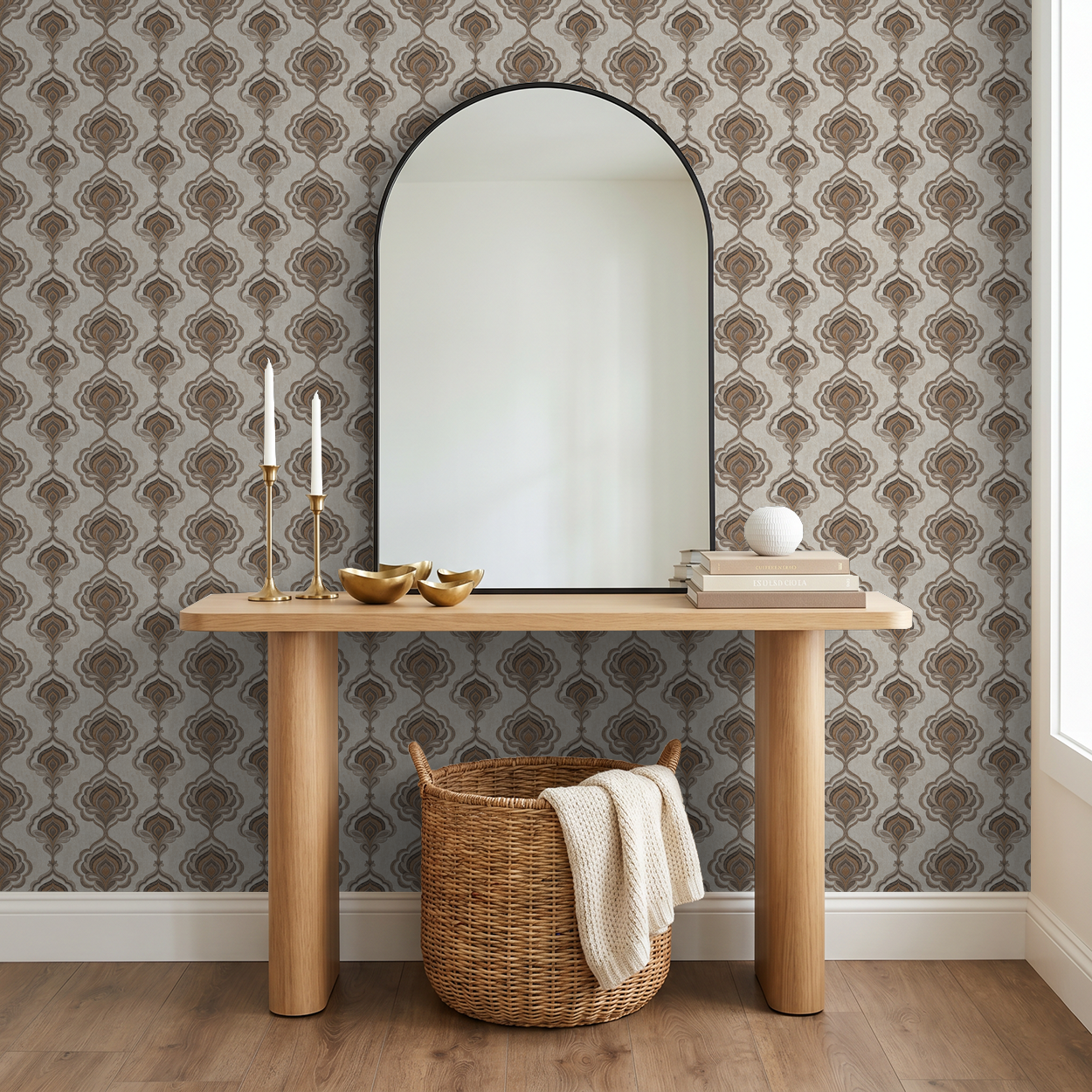 Elegant taupe and caramel ornate wallpaper in modern entryway with mirror and console table.