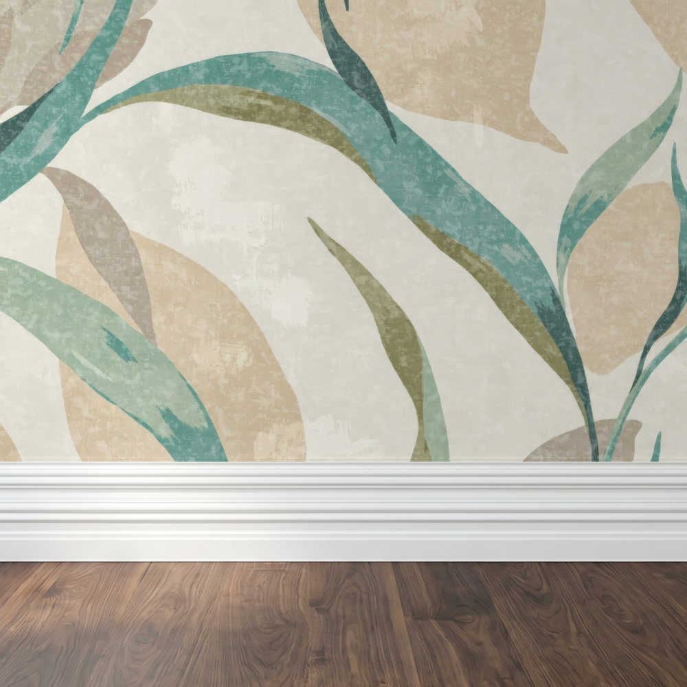 Teal and beige leaf pattern wallpaper in a modern room setting.