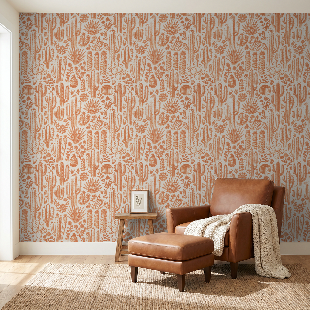 Terracotta cactus and floral wallpaper in cozy living room with leather chair.