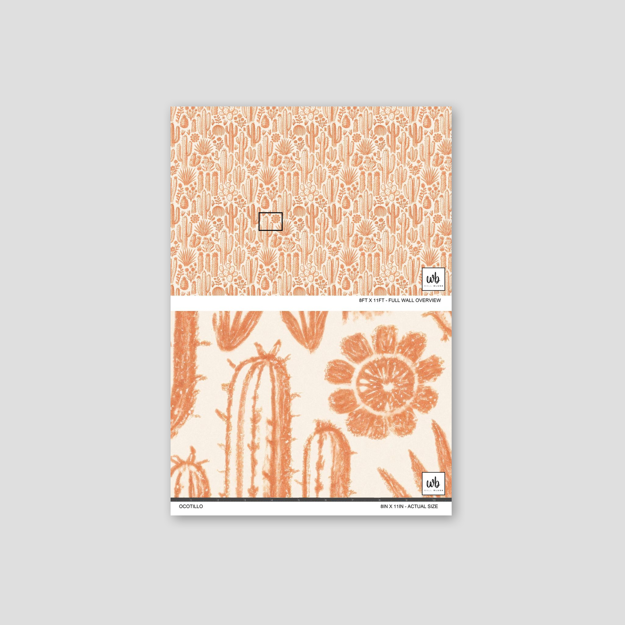 Terracotta cactus and floral wallpaper sample with intricate details.