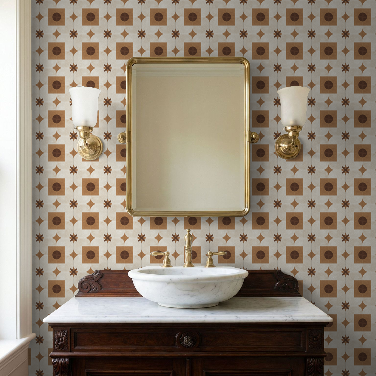 Terracotta and cream geometric wallpaper in elegant bathroom with mirror and sconces.
