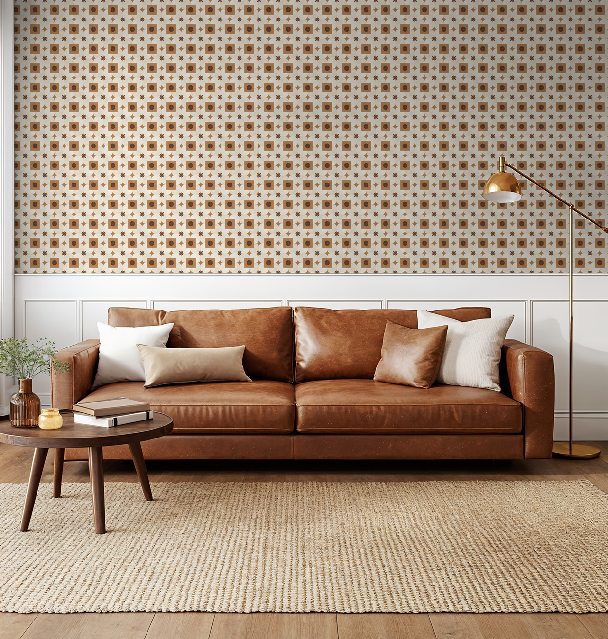 Terracotta and cream geometric wallpaper in modern living room with brown leather sofa.