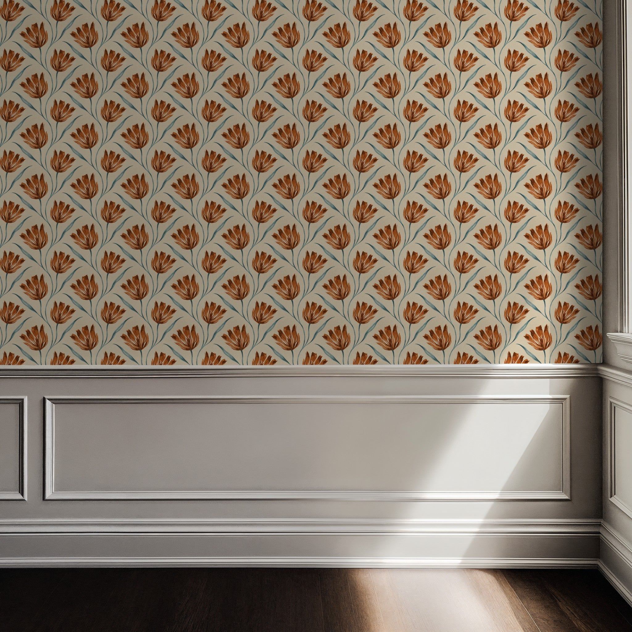 Terracotta floral wallpaper with cream background in elegant room setting.