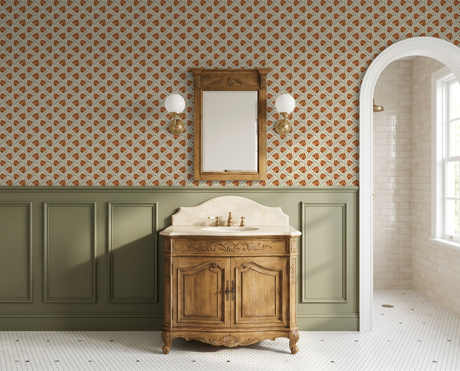 Terracotta floral wallpaper in vintage bathroom with wooden vanity and green wainscoting.