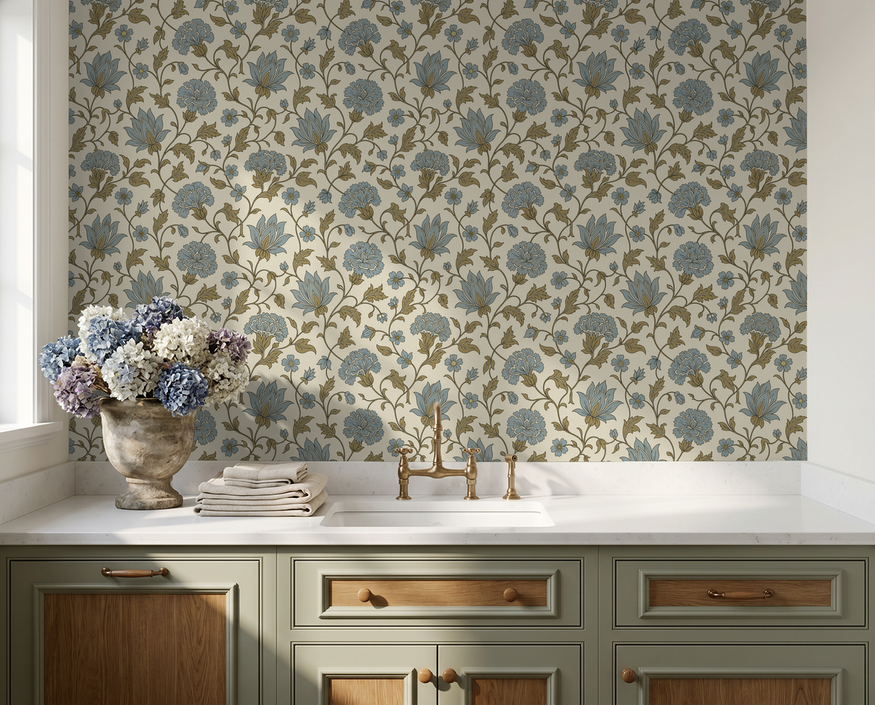 Thornfield Blue floral wallpaper with blue and gold motifs in a kitchen setting.