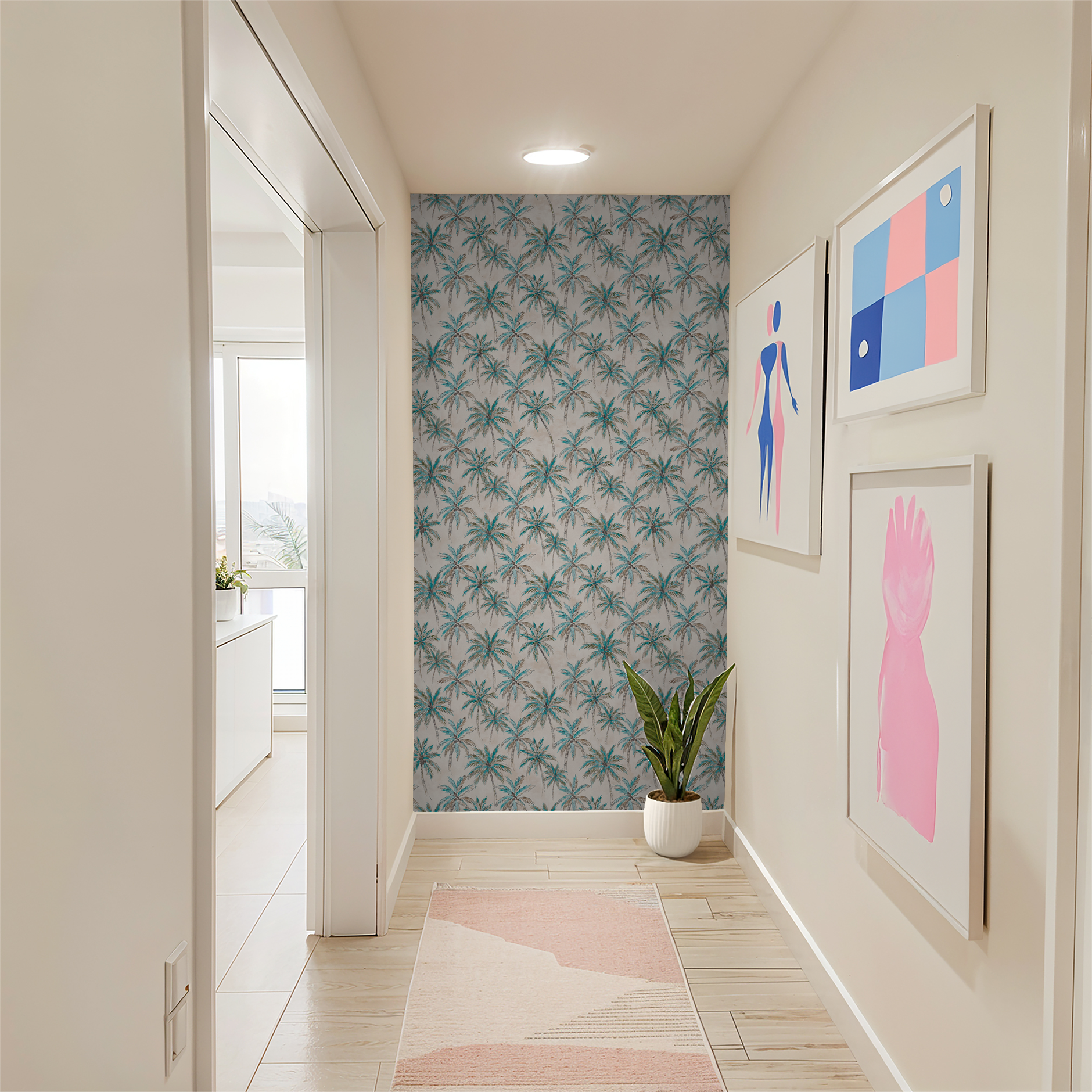 Tropical palm tree wallpaper in hallway with modern art and plant.